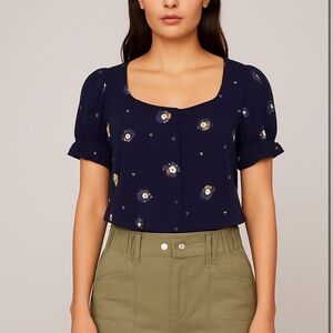 Elodie Navy Floral Button Front Rayon Blouse Size M